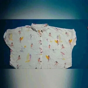 NWT Lucky Brand cream button down crop top mermaid surfing pinup girl print